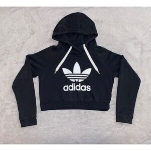 Adidas Cropped Pullover Hoodie Sweatshirt Black Big Logo Women Size Small ~ READ